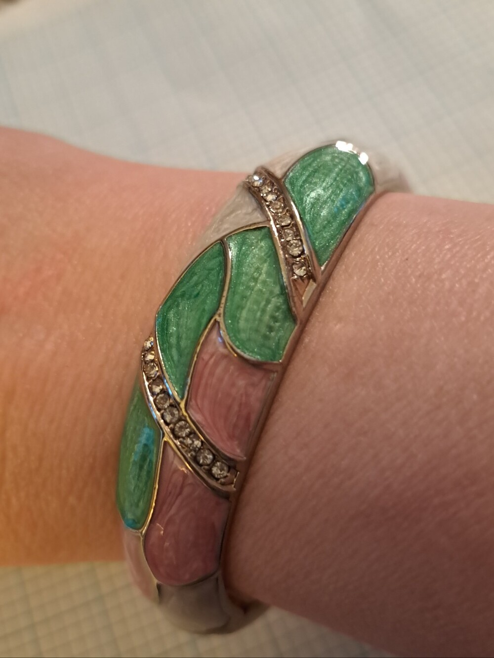 White, Green & Pink Enamel Hinged Bangle Bracelet with Crystal Accents